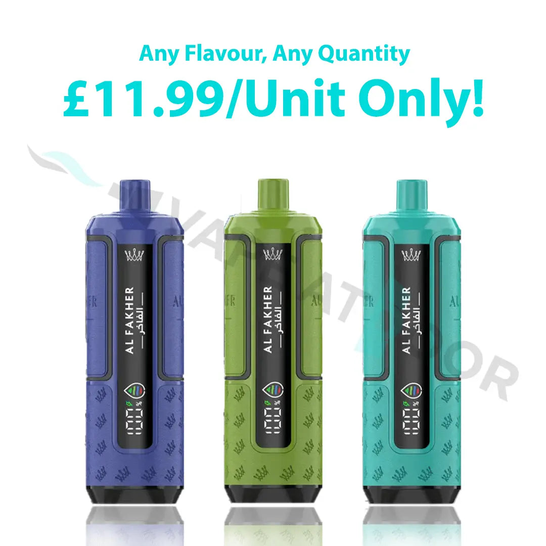 Three Al Fakher Hypermax 30k vape devices in blue, green, and purple on a white background with promotional text.
