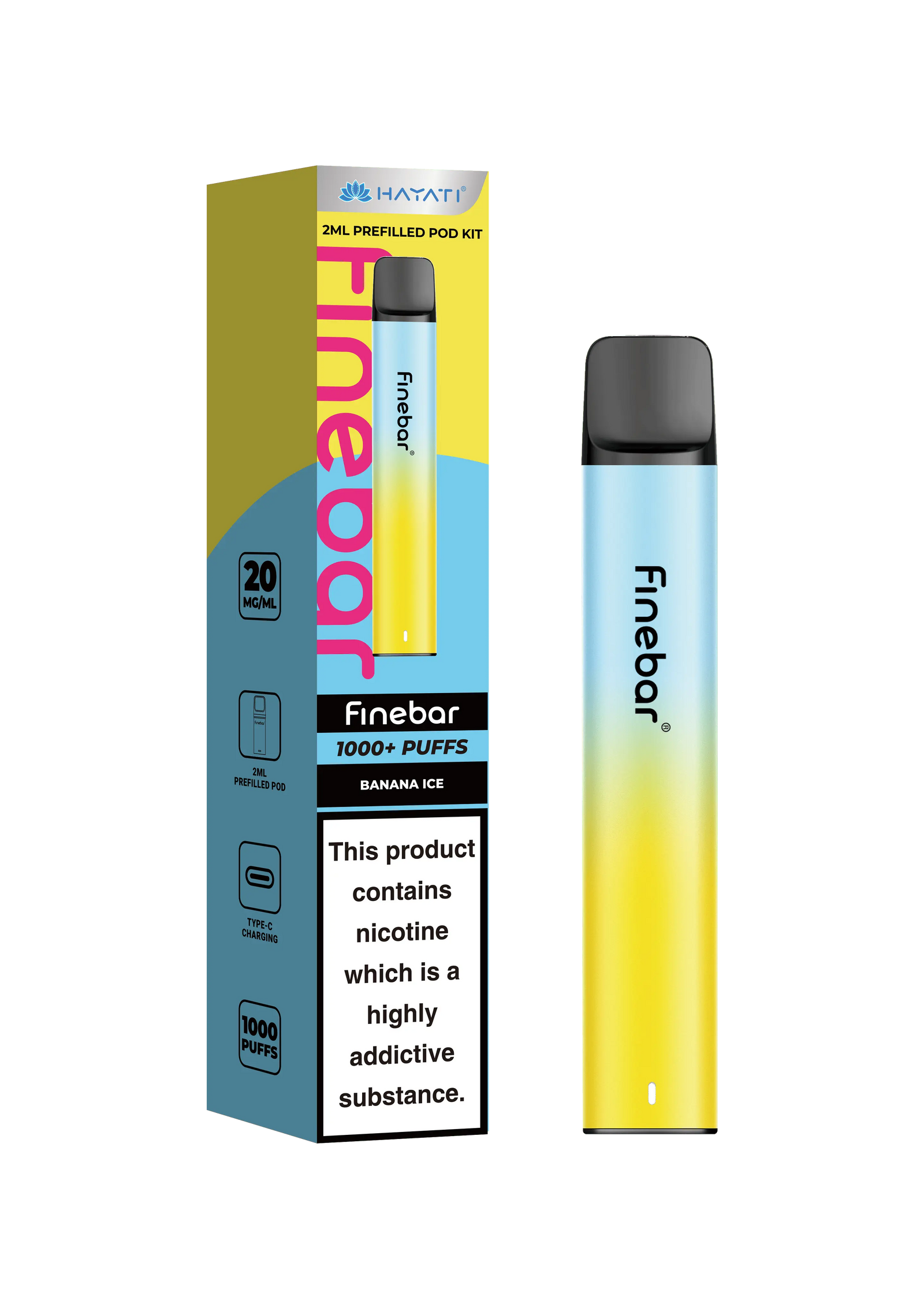 Finebar vape device banana ice flavour and packaging on a white background