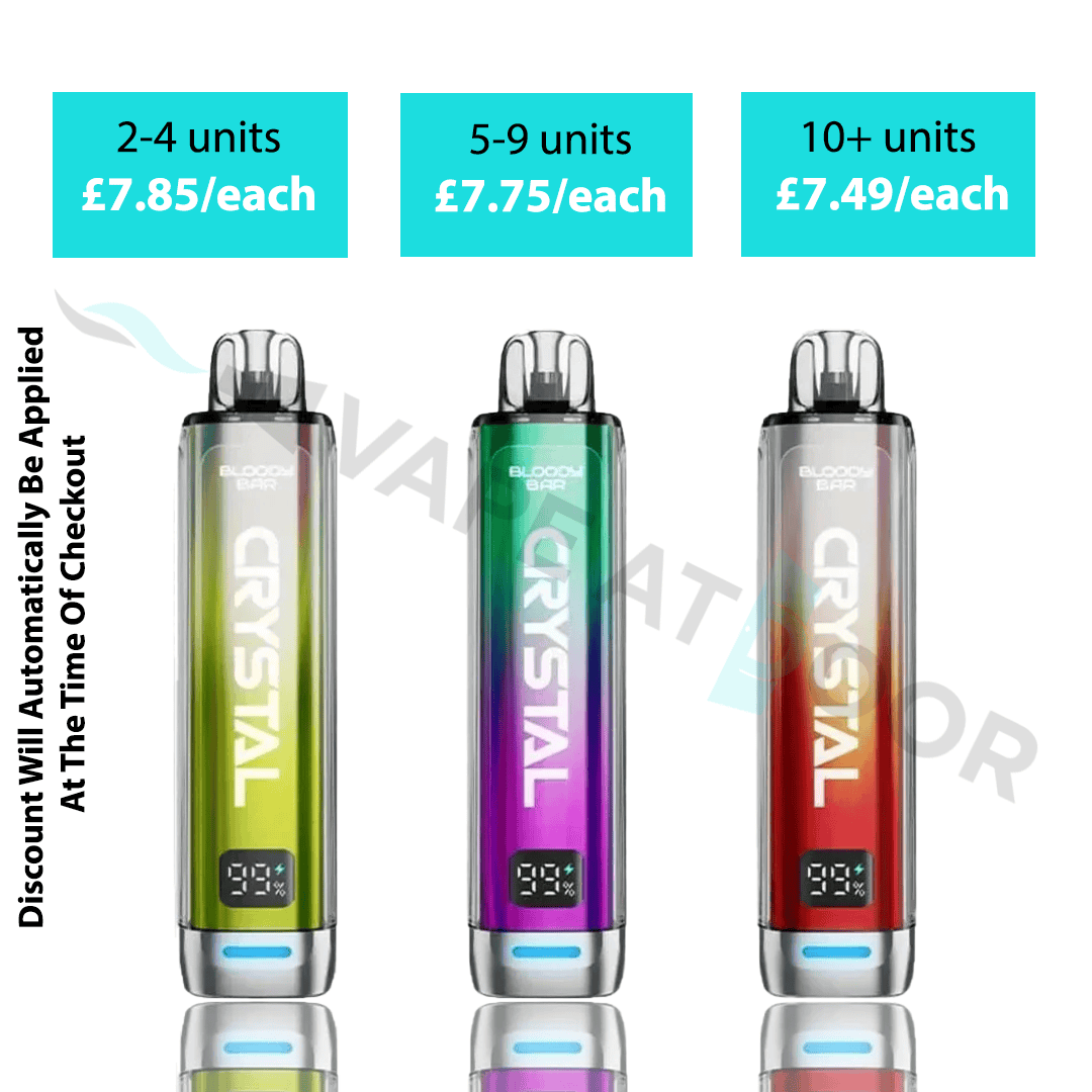 3x Bloody Bar Crystal 10000 Puff Prefilled Pod Vape Kit shown on a white background with vapeatdooruk watermark and multibuy deals are shown with a discount will be directly applied at checkout line.