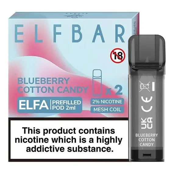 Elf Bar ELFA pre-filled pods in Blueberry Cotton Candy flavor with packaging.