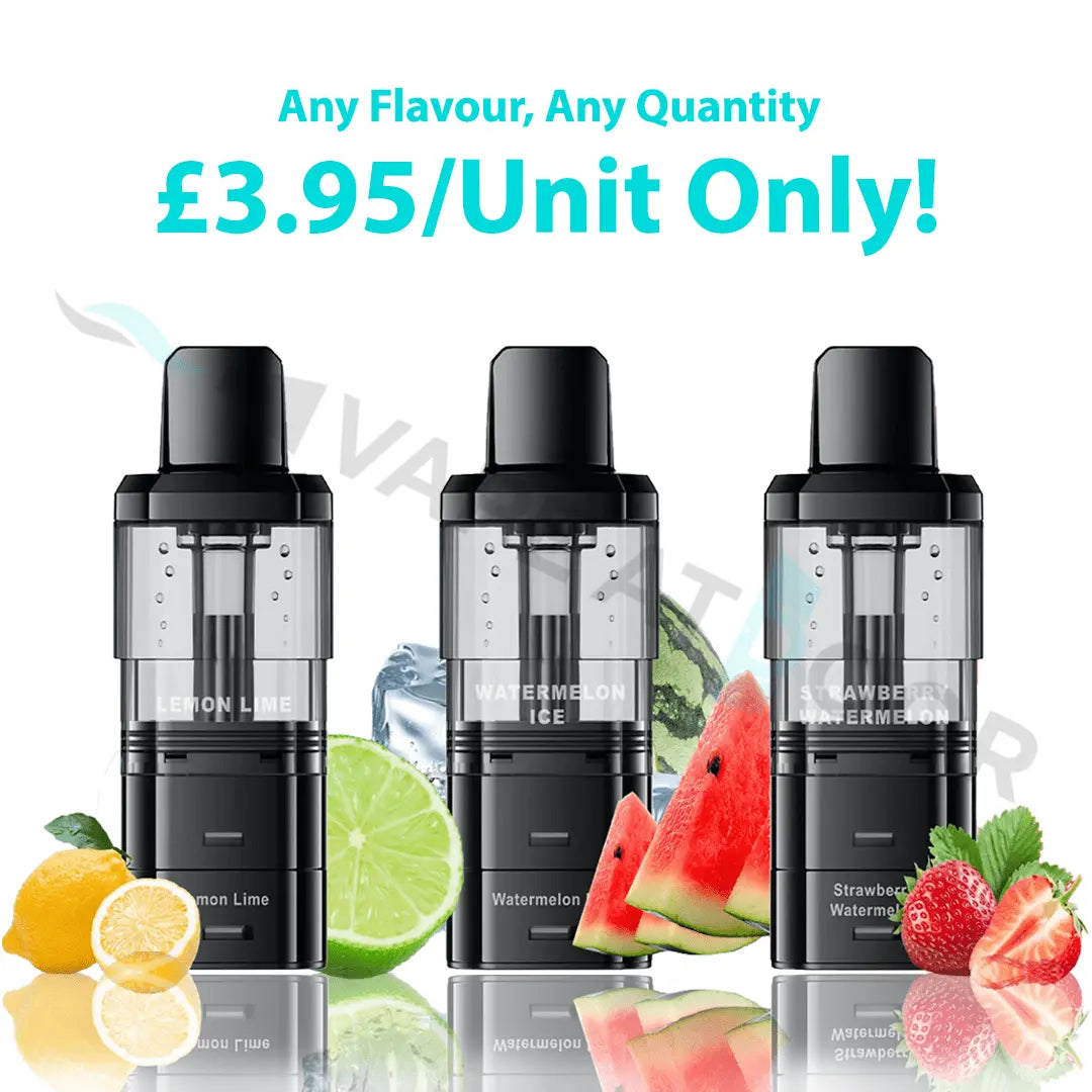 Three Crystal Galaxy Focus 1 6000 Puffs Prefilled Replacement Pods with fruit-themed packaging and promotional text on a white background.