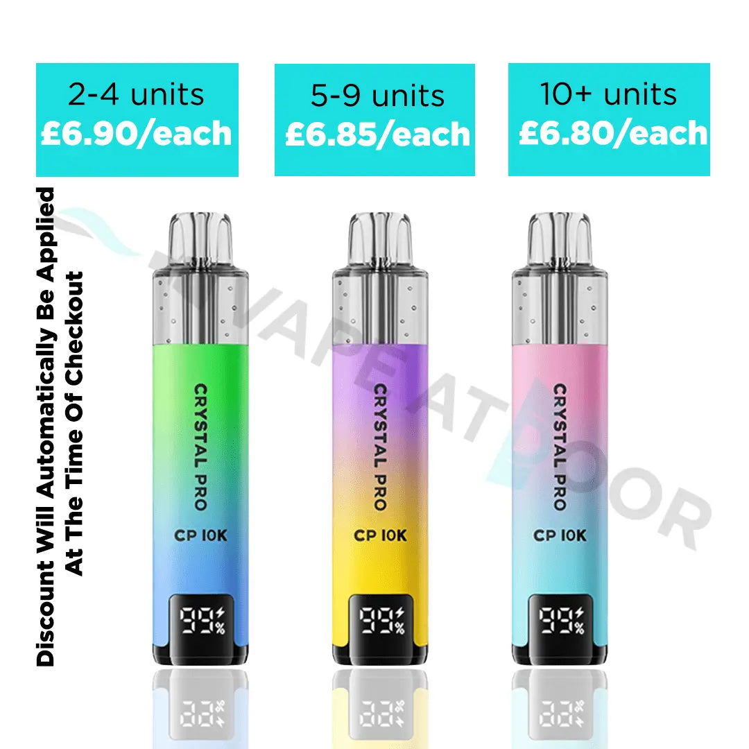 Three gradient-colored 'Crystal Pro CP 10K' prefilled pod kits with pricing and quantity discounts displayed.