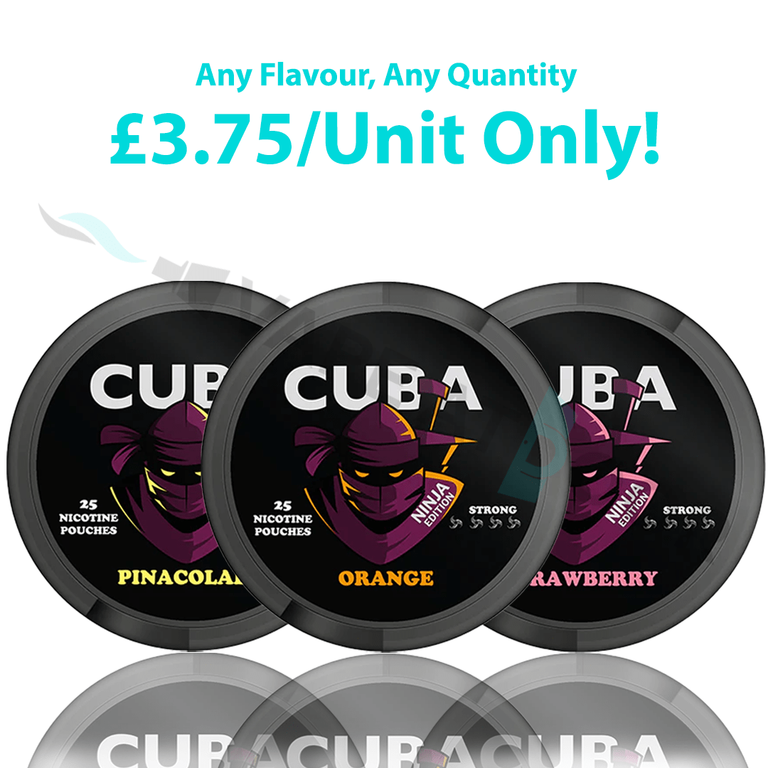 Three Cuba Ninja Snus 30mg nicotine pouches with different flavors on a white background, featuring promotional text.