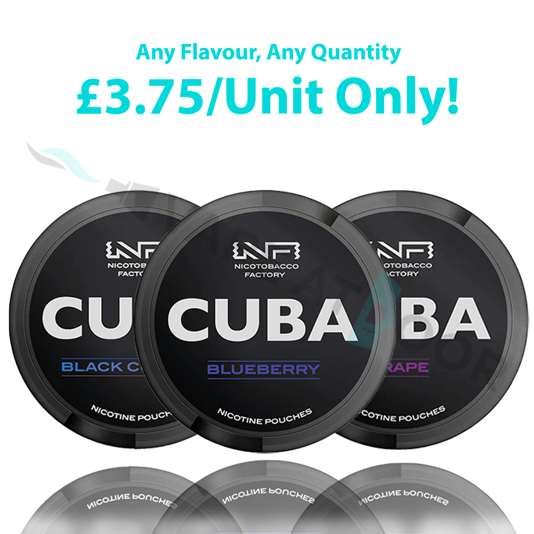 Three black nicotine pouches 43mg labeled 'Cuba' with branding and promotional text on a white background.