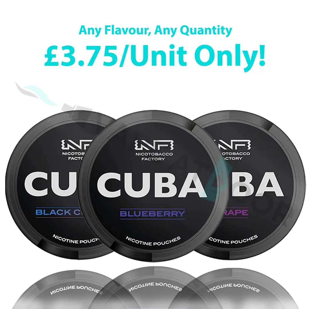 Three black nicotine pouches 43mg labeled 'Cuba' with branding and promotional text on a white background.