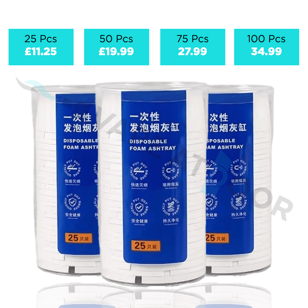 Three 25 pcs disposable Ashtray boxes with quantity discount details in white background