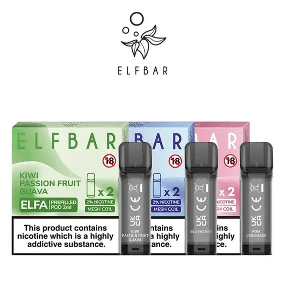 Elf Bar ELFA pre-filled nic salt pods in Kiwi Passion Fruit Guava, Blueberry, and Pink Lemonade.