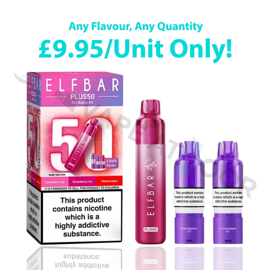 Elf Bar Plus50 vape device and packaging with promotional text on a white background