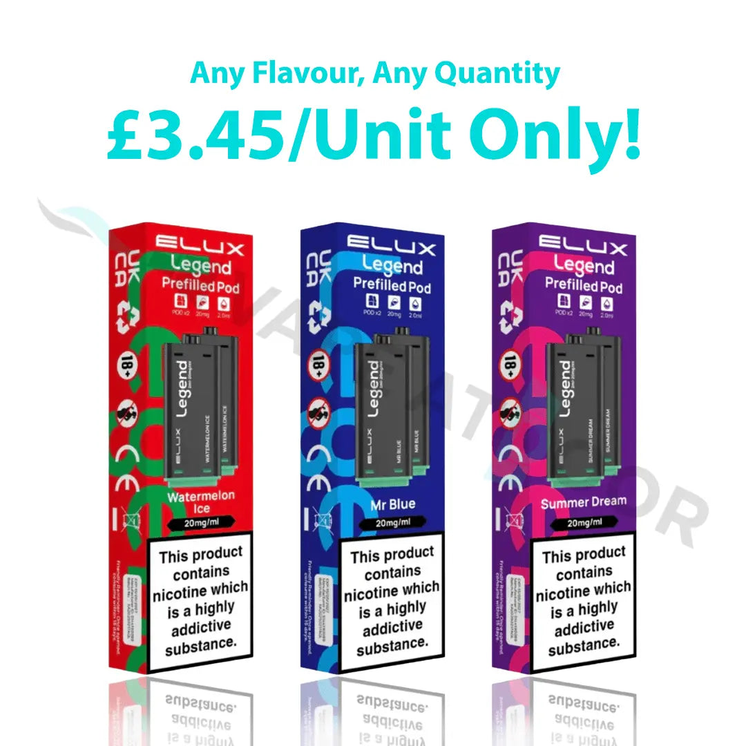 Three boxes of Elux Legend prefilled vape pods with flavor options and pricing information.
