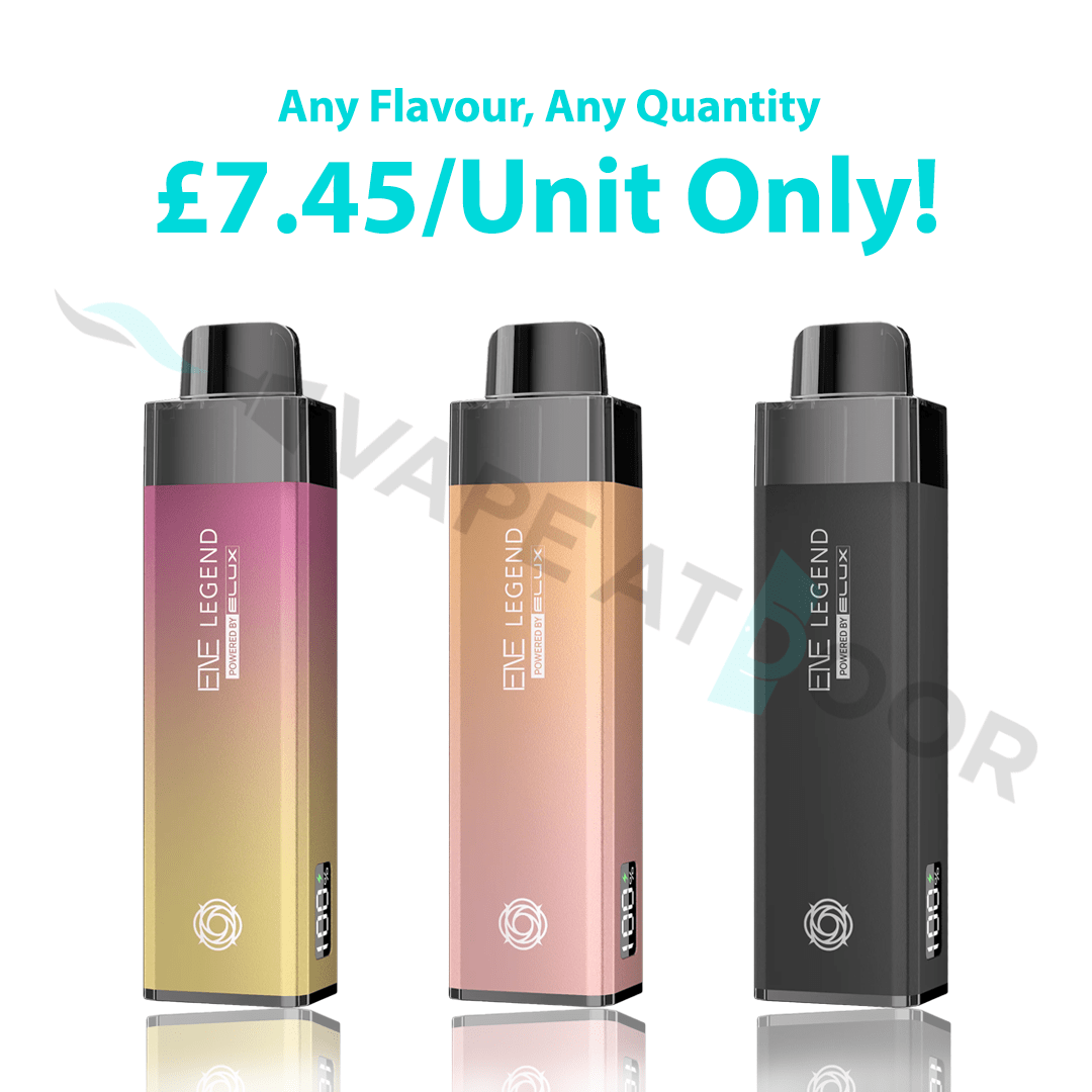 Three gradient-colored Elux Ene Legend 15k Prefilled Pod Kit  with promotional text on a white background