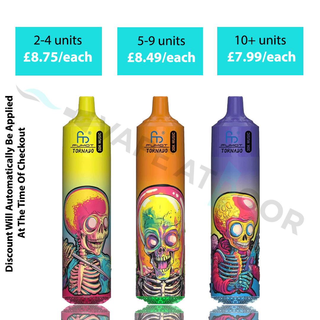 Product advertisement for "Fumot Tornado 30K Music" vapes showing multi-buy pricing tiers: 2–4 units for £8.75 each, 5–9 units for £8.49 each, and 10+ units for £7.99 each. Three cylindrical vapes featuring colorful skull and alien artwork (yellow, orange, and purple/blue) are displayed below the pricing, with text on the left noting that discounts are automatically applied at checkout.