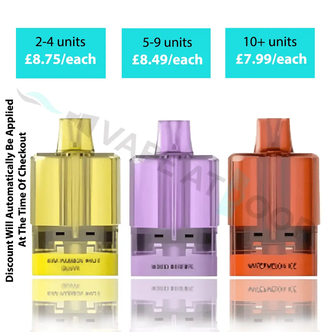 Three Fumot RandM Spirit 25k Prefilled Replacement Pods in yellow, purple, and orange with pricing and discount information on a white background.