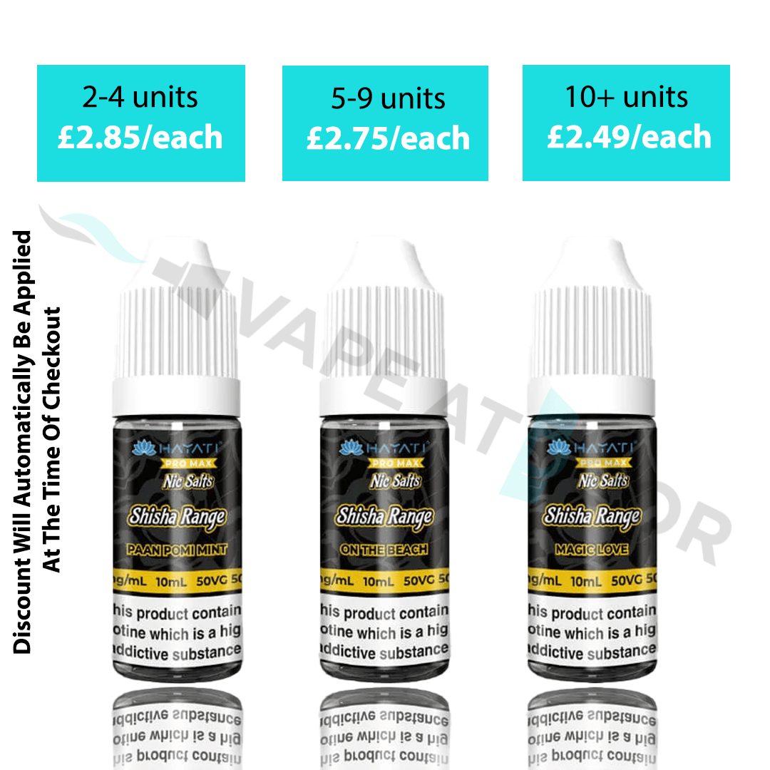 Hayati Pro Max Shisha Nic Salt 10mg and 20mg bottles on a white background with Vape At Door UK watermark, showing multibuy deal promotion.