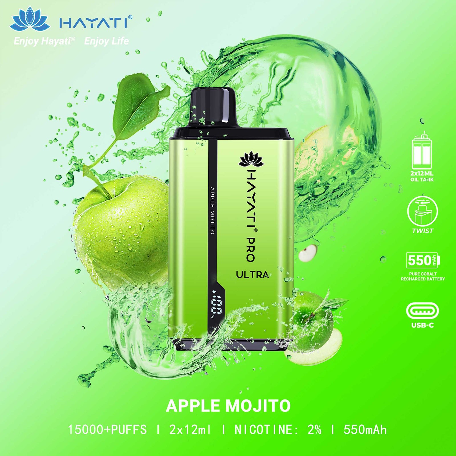 Hayati Pro Ultra 15000 Puffs Disposable Vape in Apple Mojito flavor – a refreshing blend of mint and apple.