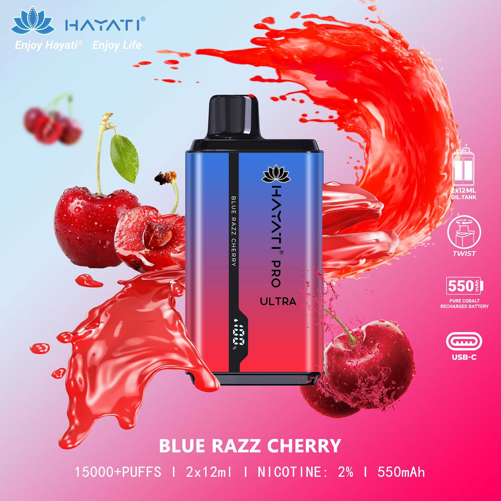 Hayati Pro Ultra 15000 Puffs Disposable Vape featuring Blue Razz Cherry flavor for a bold and fruity experience.