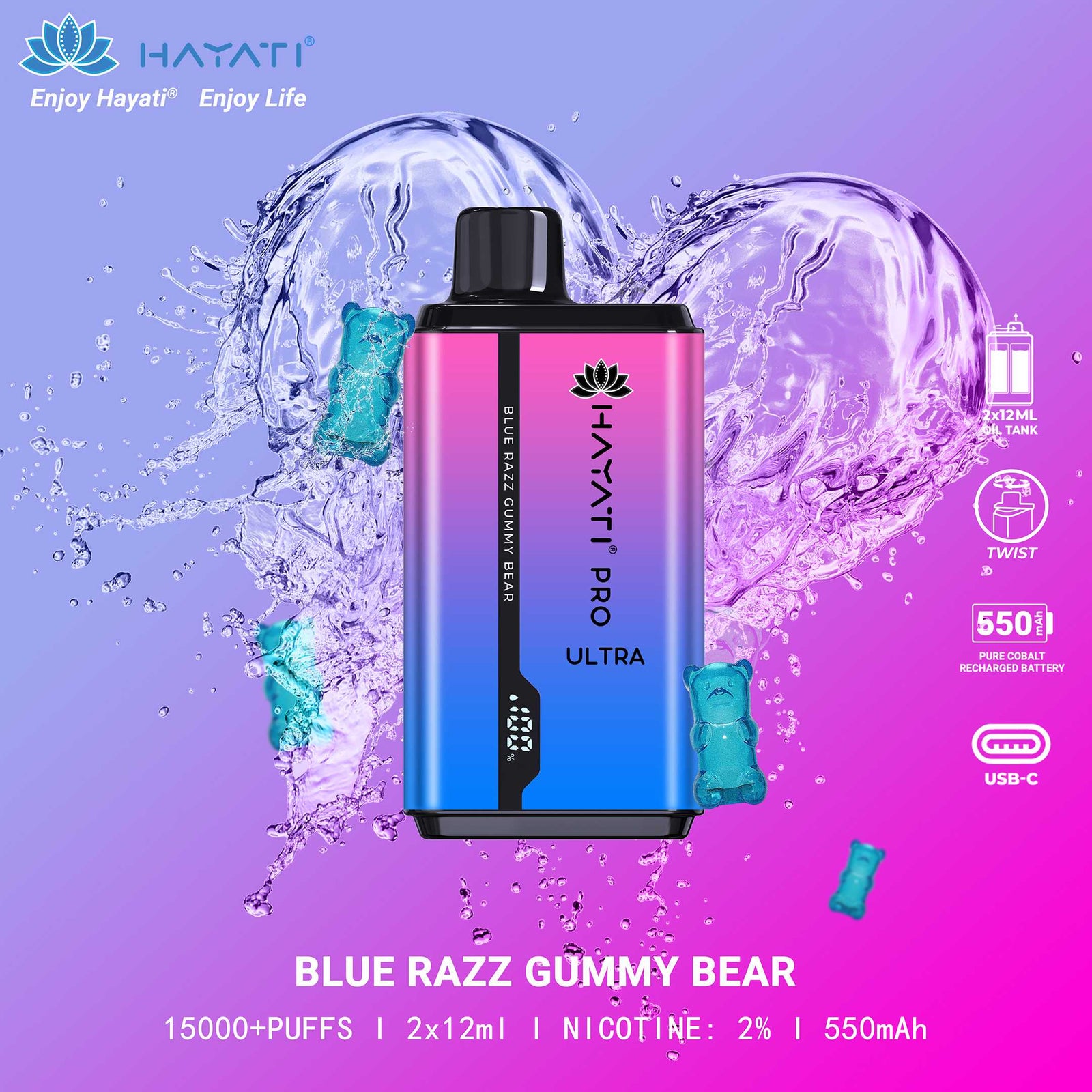 Hayati Pro Ultra 15000 Puffs Disposable Vape in Blue Razz Gummy Bear flavor – a candy-inspired treat.