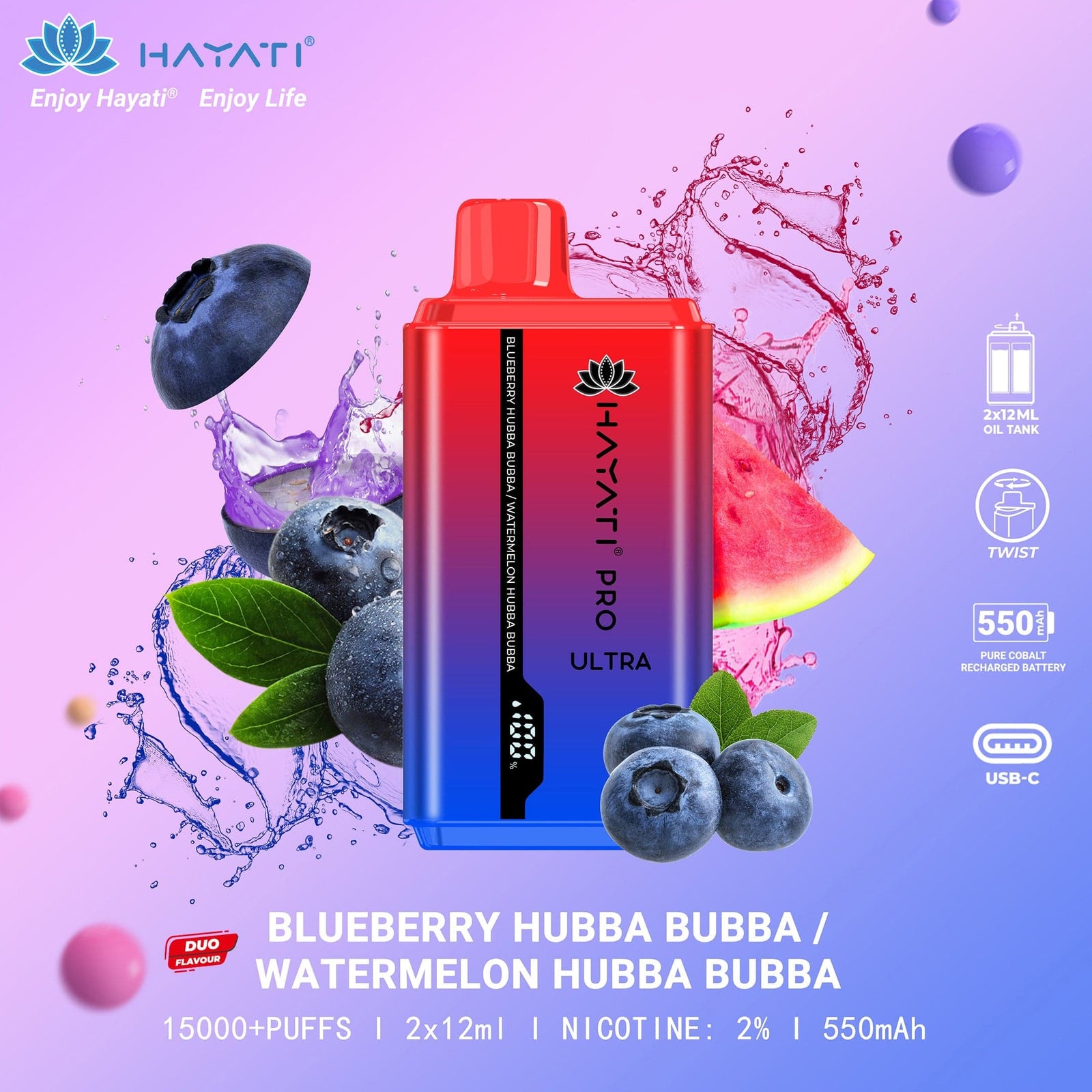 Hayati Pro Ultra 15000 Puffs Disposable Vape in Blueberry Hubba Bubba and Watermelon Hubba Bubba flavors for a bubblegum treat.