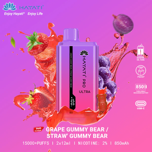 Hayati Pro Ultra 15000 Puffs Disposable Vape featuring Grape Gummy Bear and Strawberry Gummy Bear flavors for candy lovers.