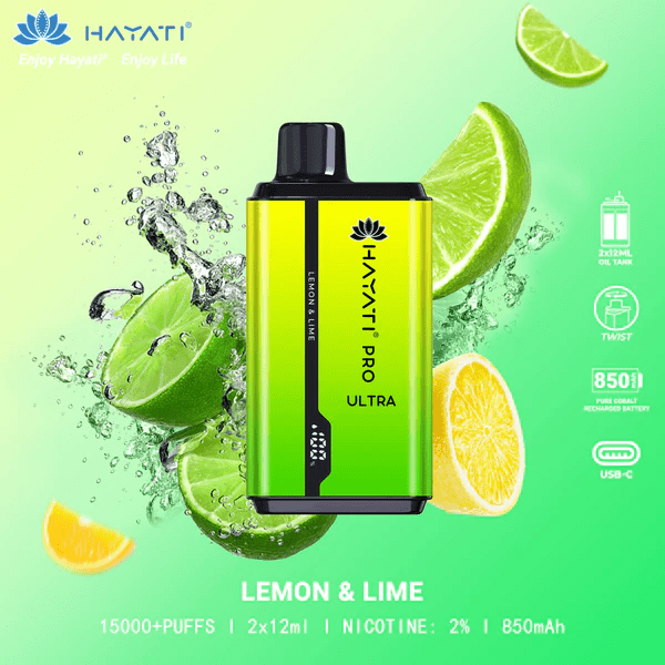 Hayati Pro Ultra 15000 Puffs Disposable Vape featuring Lemon & Lime flavor for a citrusy refreshment.
