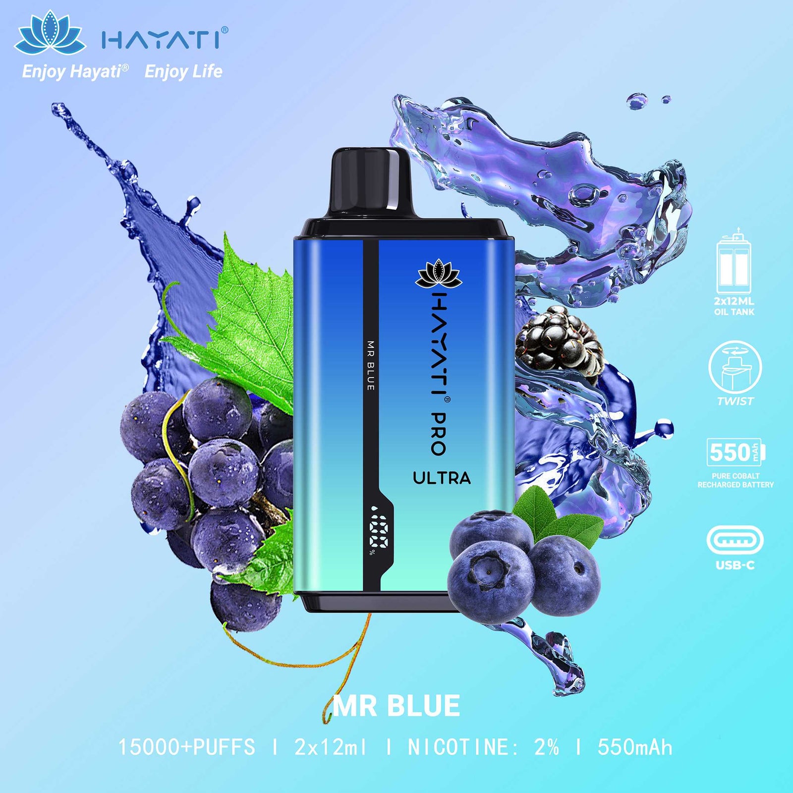 Hayati Pro Ultra 15000 Puffs Disposable Vape in Mr Blue flavor – a unique and mysterious blend of berries.