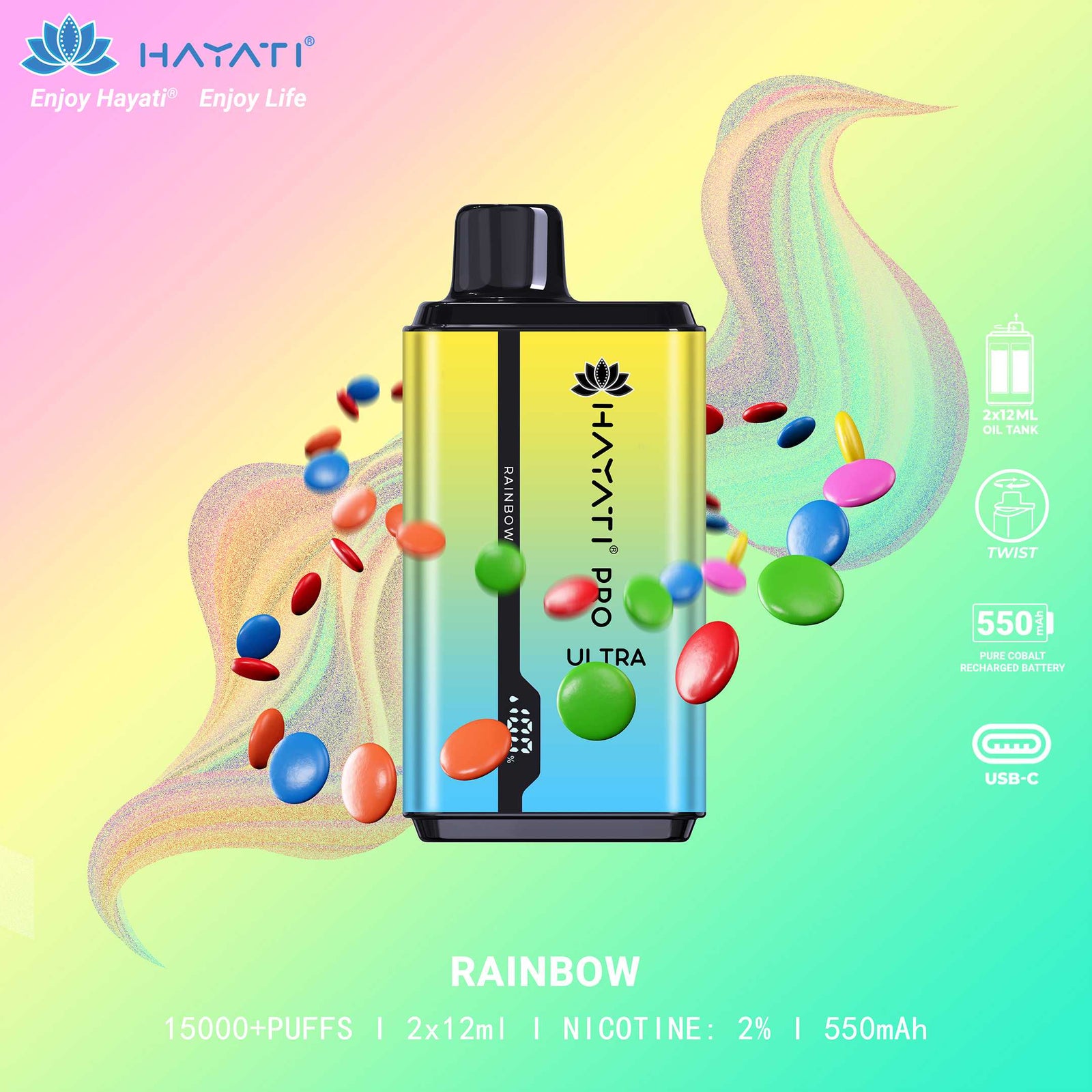 Hayati Pro Ultra 15000 Puffs Disposable Vape in Rainbow flavor – a mix of vibrant fruity flavors.