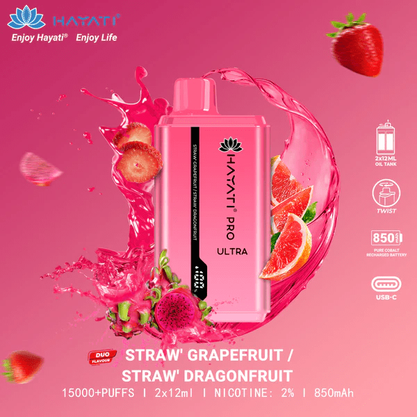 Hayati Pro Ultra 15000 Puffs Disposable Vape with Strawberry Grapefruit and Strawberry Dragonfruit – a fruity twist for vape enthusiasts.