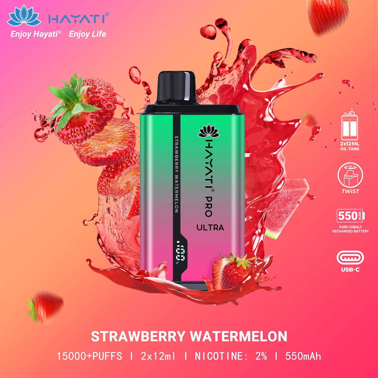 Hayati Pro Ultra 15000 Puffs Disposable Vape featuring Strawberry Watermelon – a juicy and refreshing mix.
