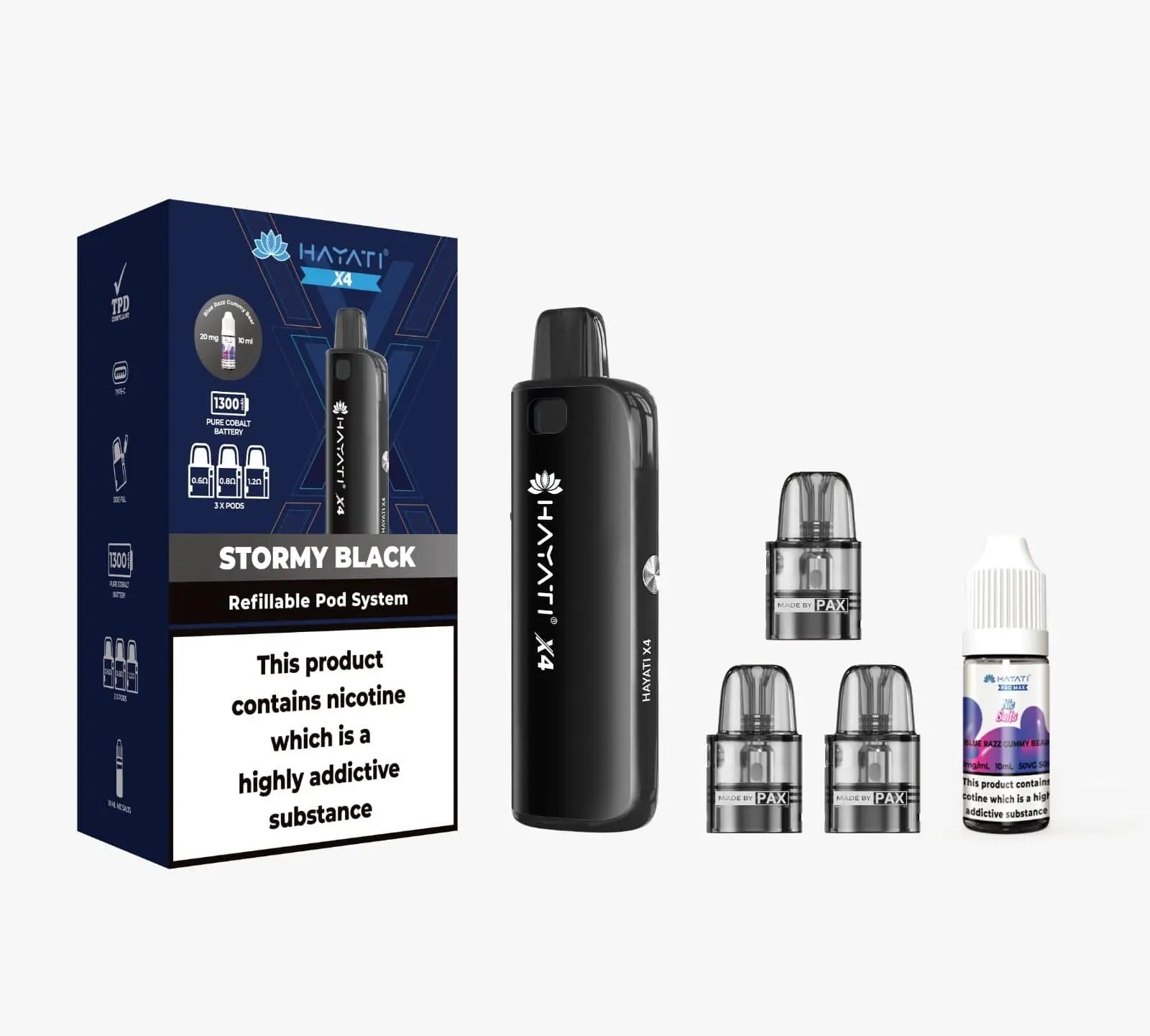 Hayati X4 Refillable Pod Kit in Stormy Black – Bold black vape device with a refillable pod system for a powerful vaping experience.