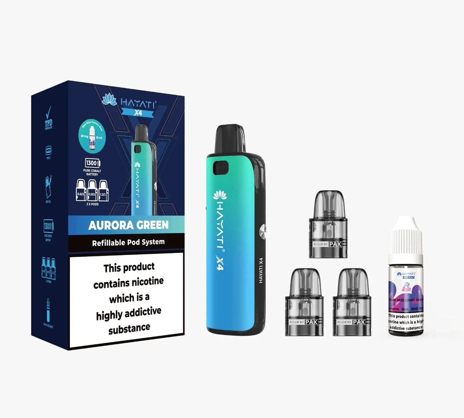 Hayati X4 Refillable Pod Kit in Aurora Green – Stylish green vape device with a premium finish and refillable pod system.