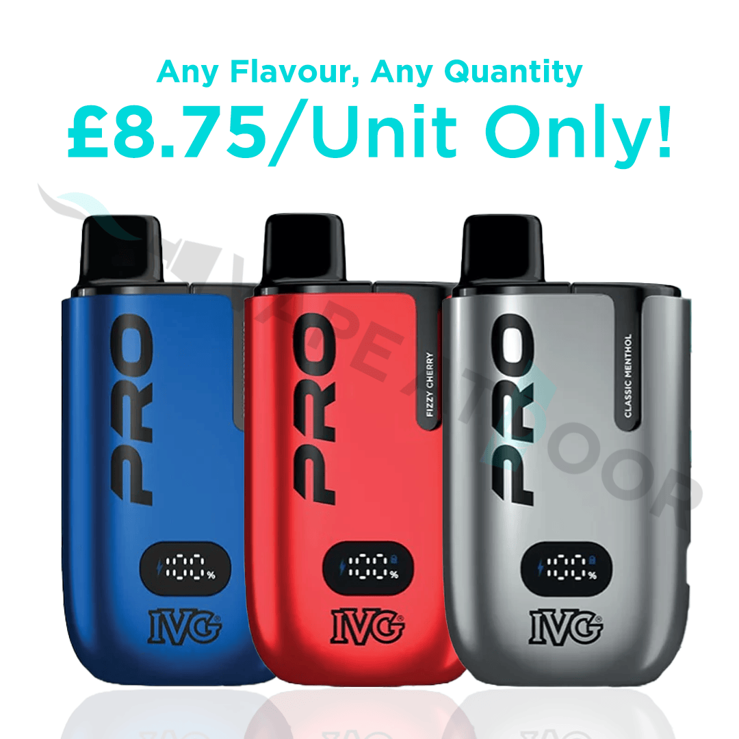Three IVG Pro vape devices in blue, red, and silver on a white background with promotional text.