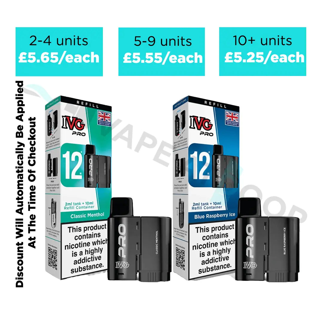 Two ivg pro 12 refill replacement pods with packaging and multibuy discount on a white background.