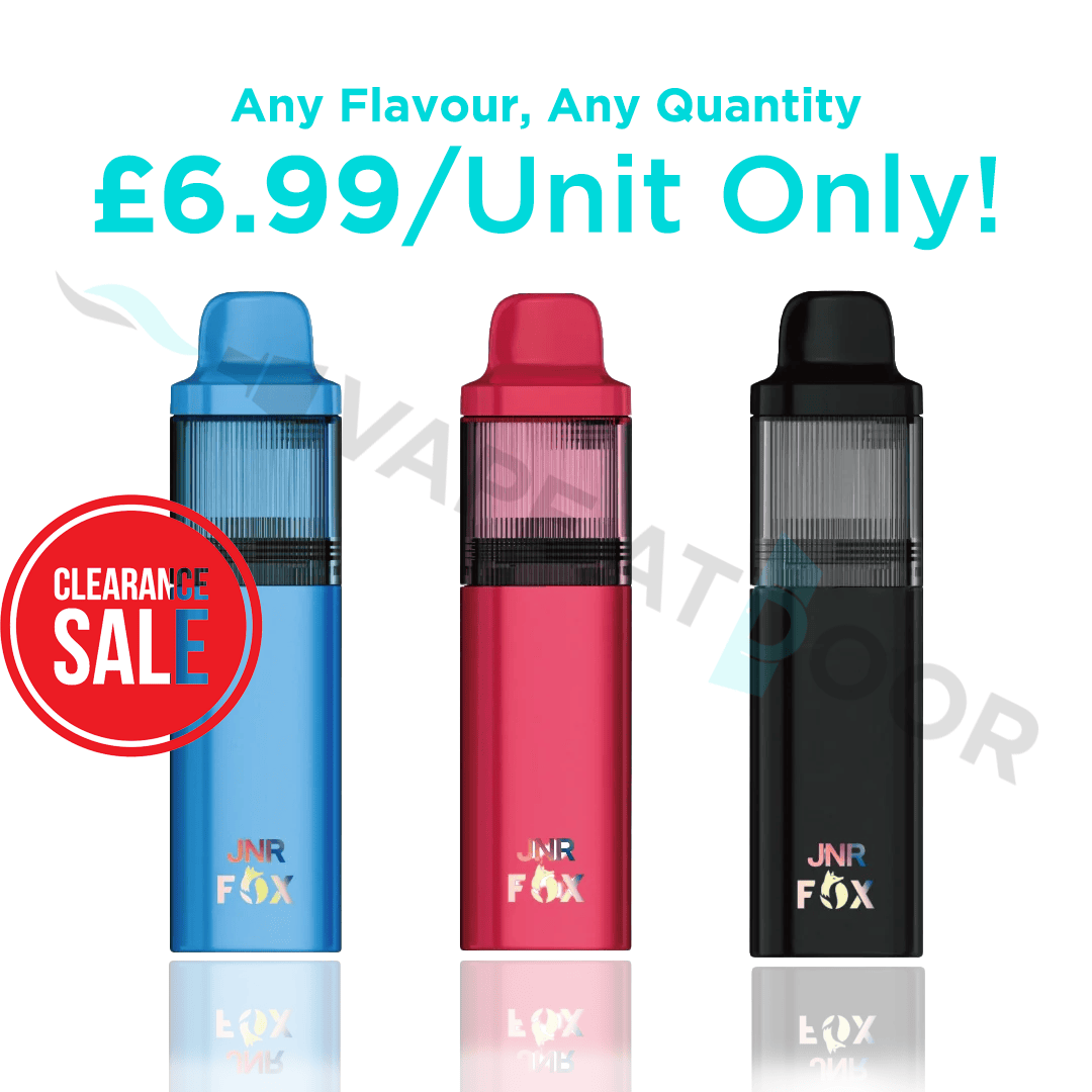 Three JNR Fox 10k vape devices in blue, red, and black with a clearance sale label on a white background.