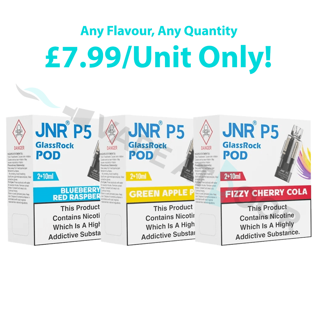 JNR P5 GlassRock PODs packaging with flavor options and price on a white background