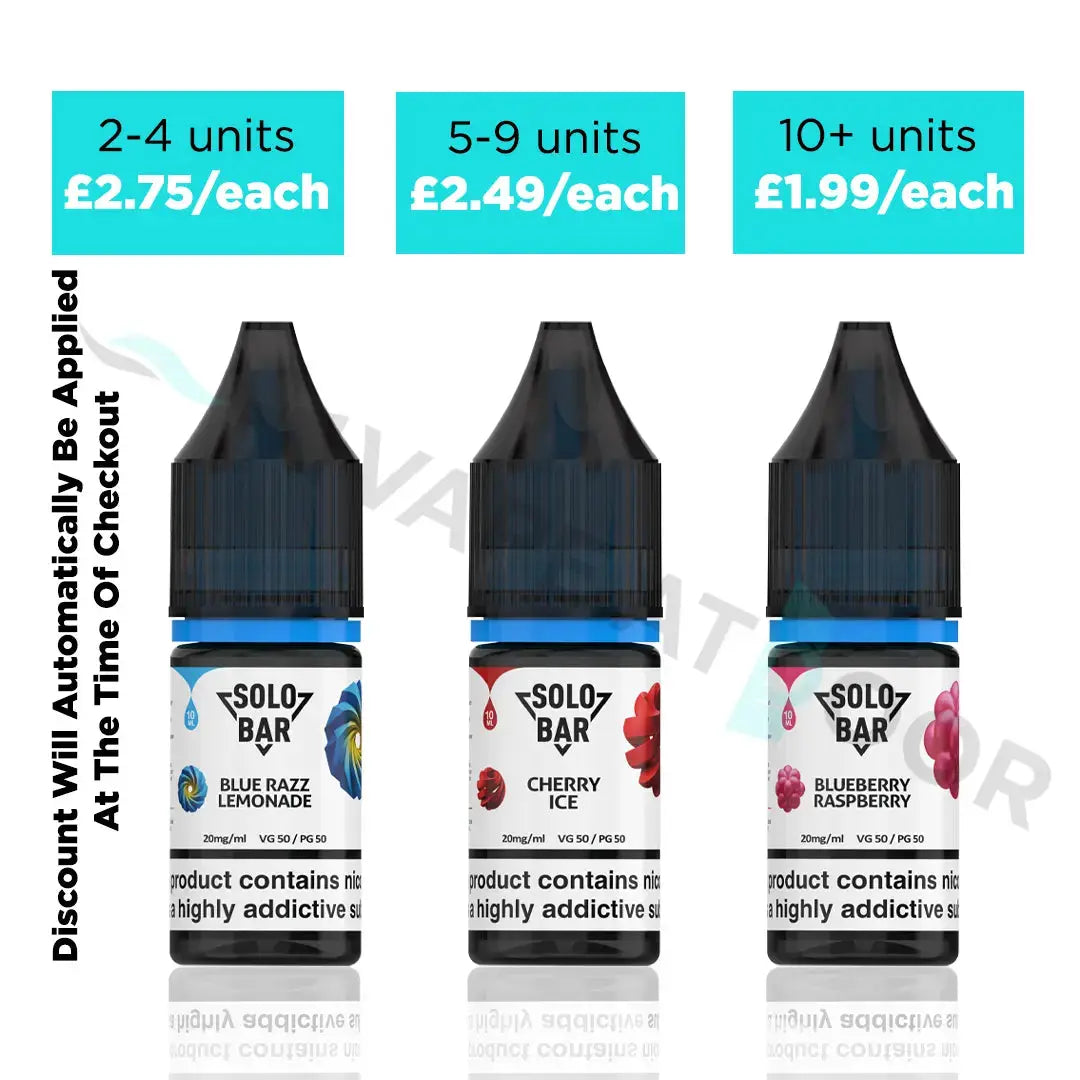Three vape juice bottles of solobar e-liquids with different flavors and pricing information on a white background.