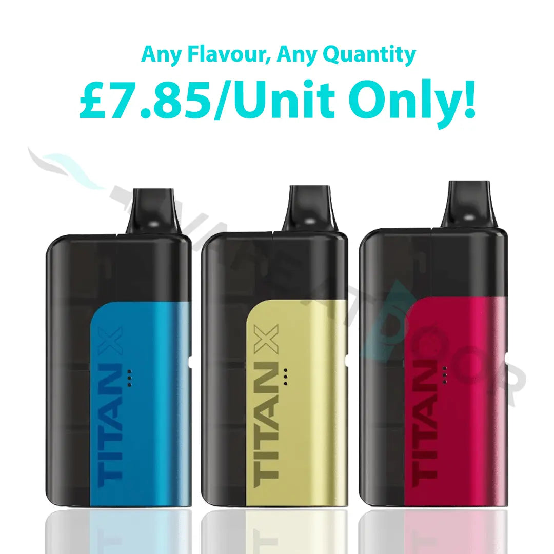 Three Titan X 10K Prefilled Pod Kit in blue, gold, and red on a white background with promotional text.