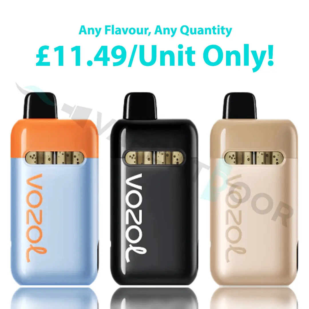 Three Vozol Neon Plug Max 36K Puffs Prefilled Pod Kit appearing on a whie backgroud with pricing on it.