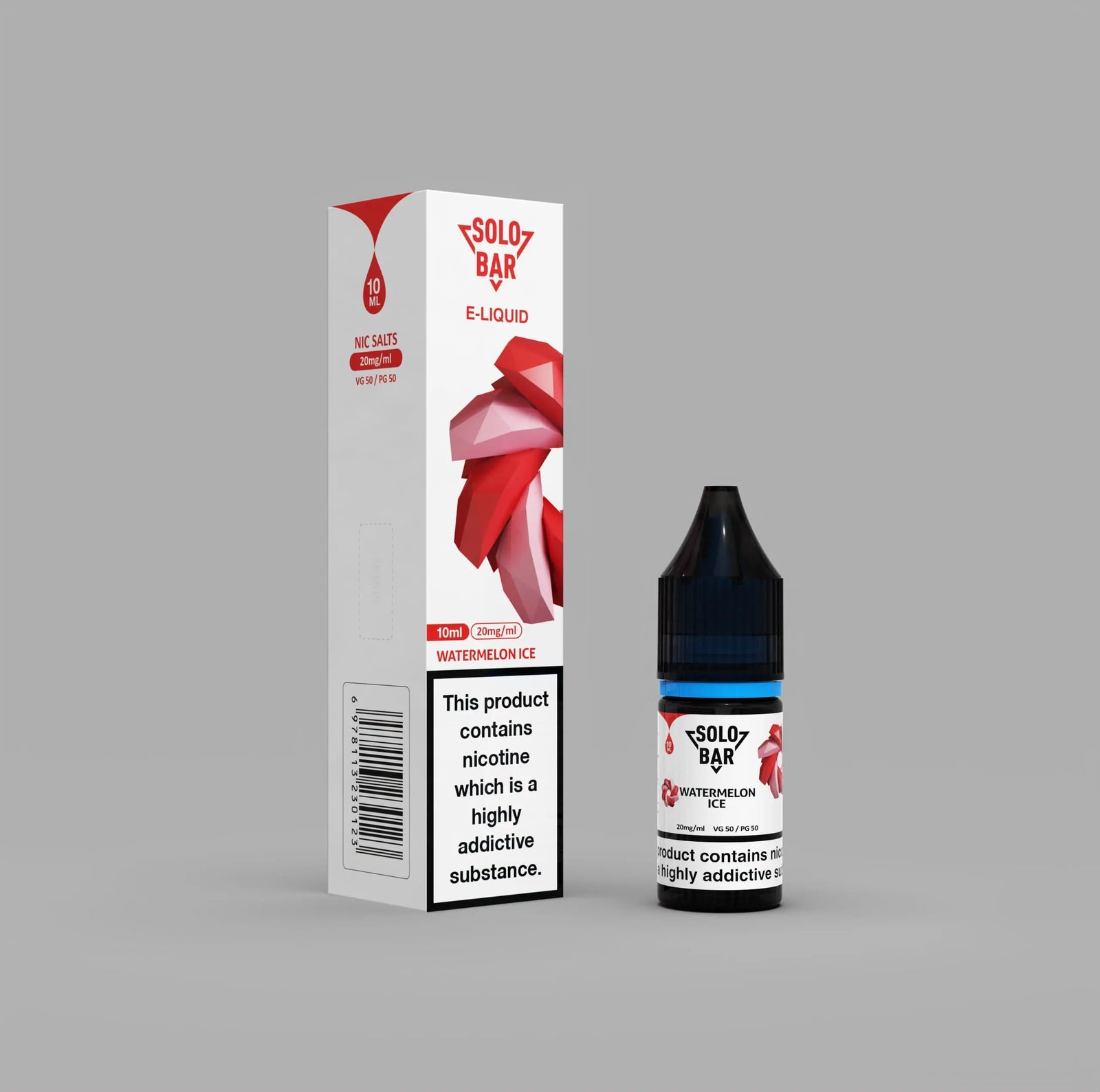 Solo Bar e-liquid WatermelonIce packaging and bottle on a gray background