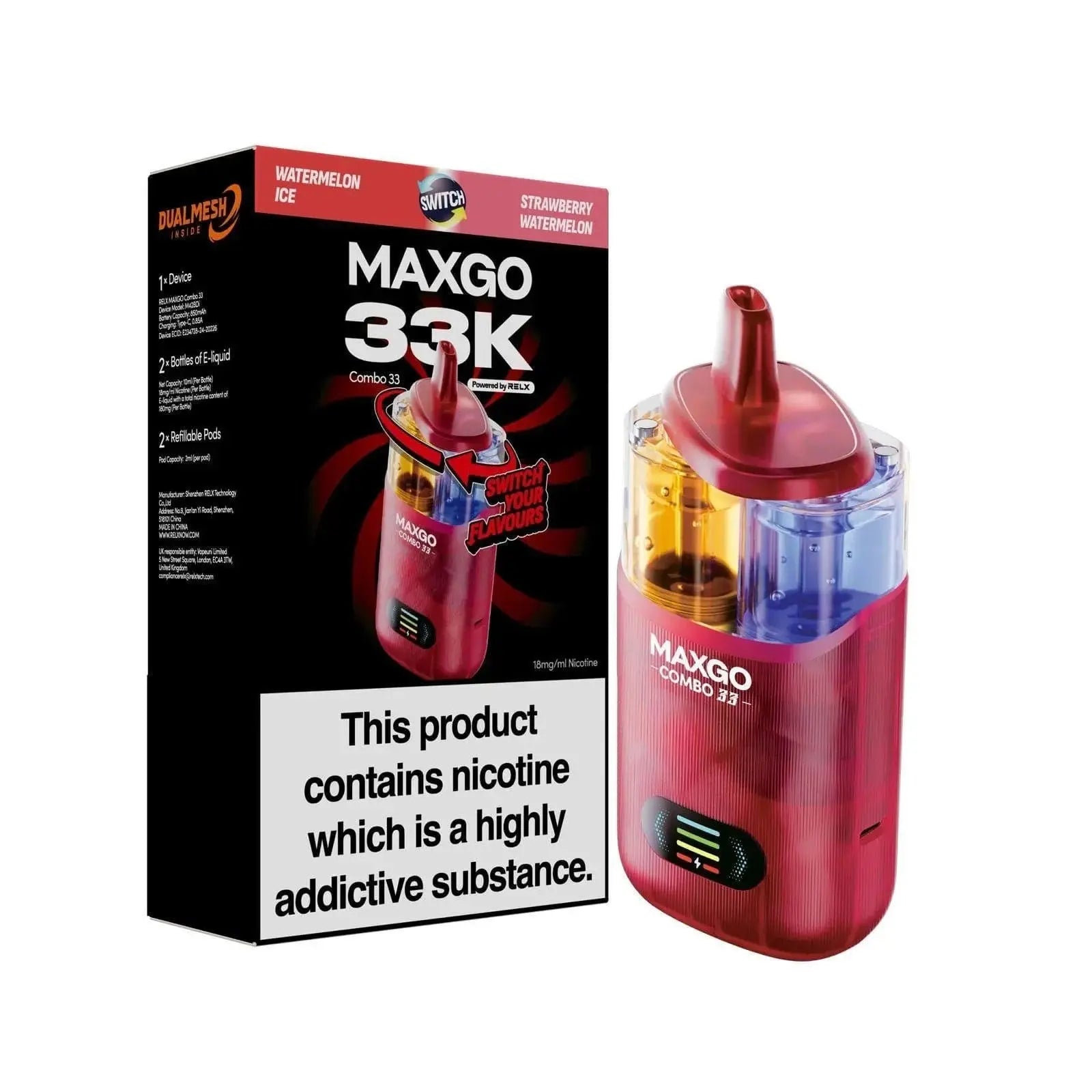 RELX MAXGO COMBO 33K Puffs Prefilled Pod Kit Vape At Door