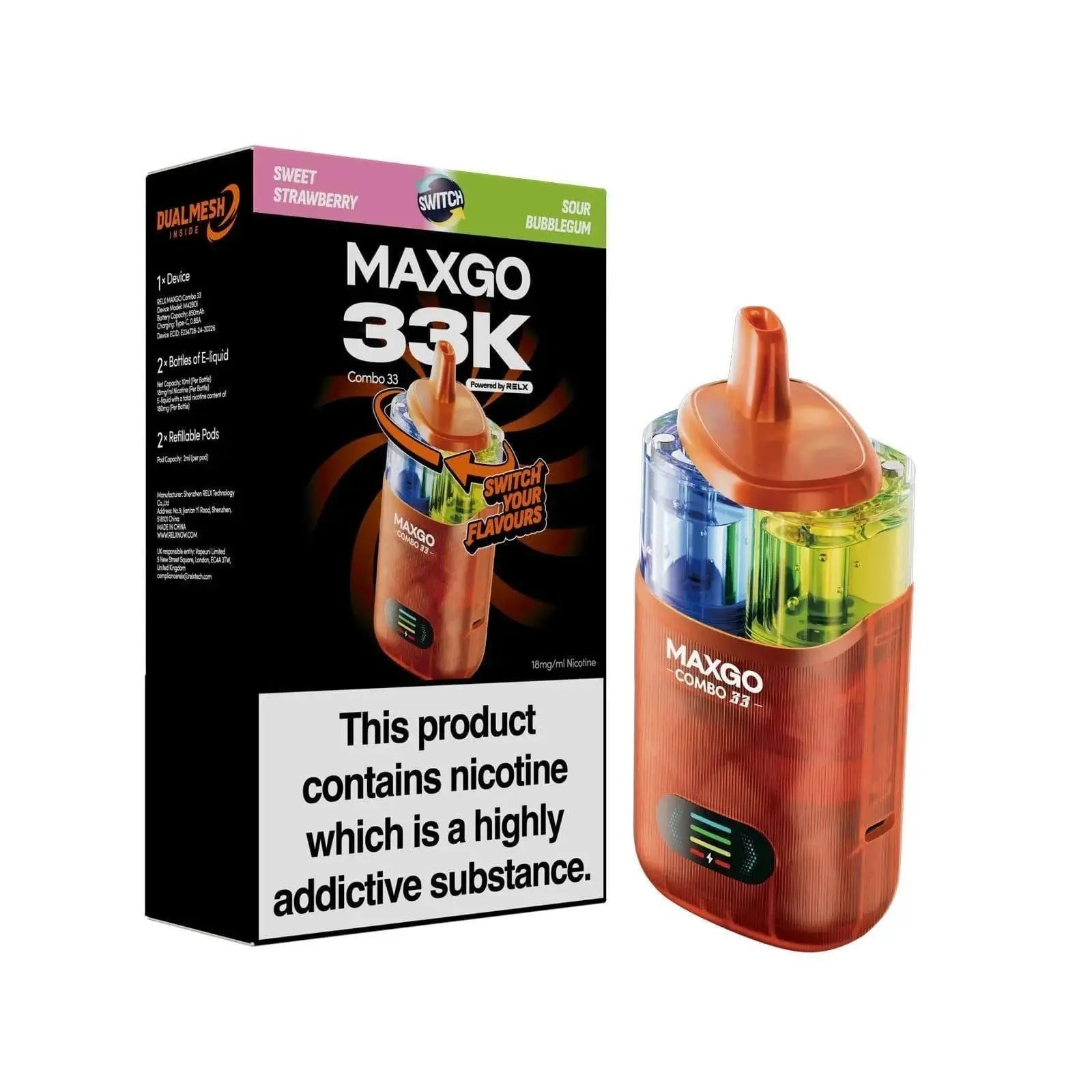 RELX MAXGO COMBO 33K Puffs Prefilled Pod Kit Vape At Door