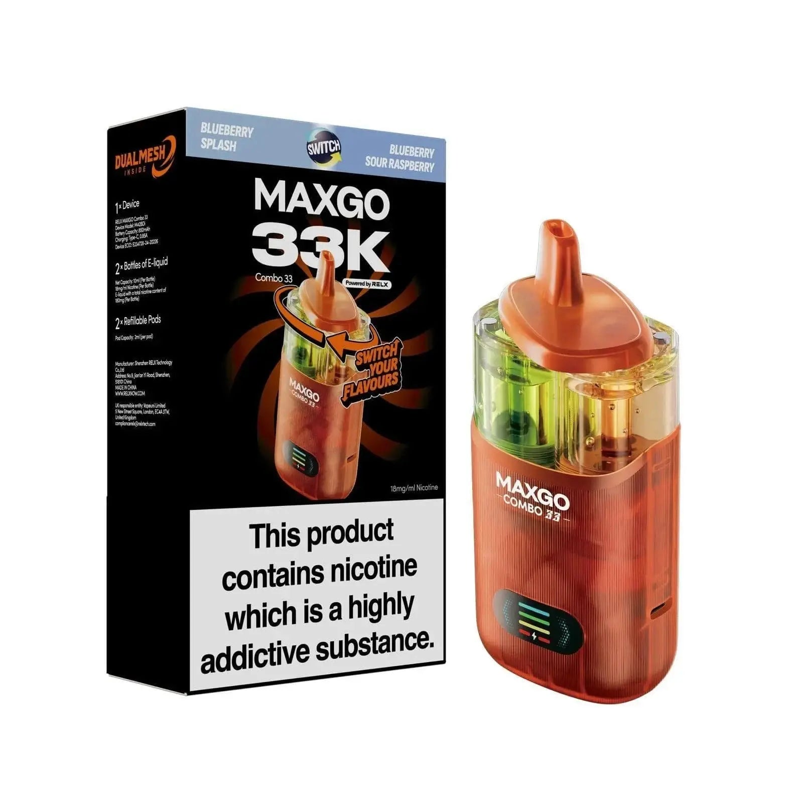 RELX MAXGO COMBO 33K Puffs Prefilled Pod Kit Vape At Door