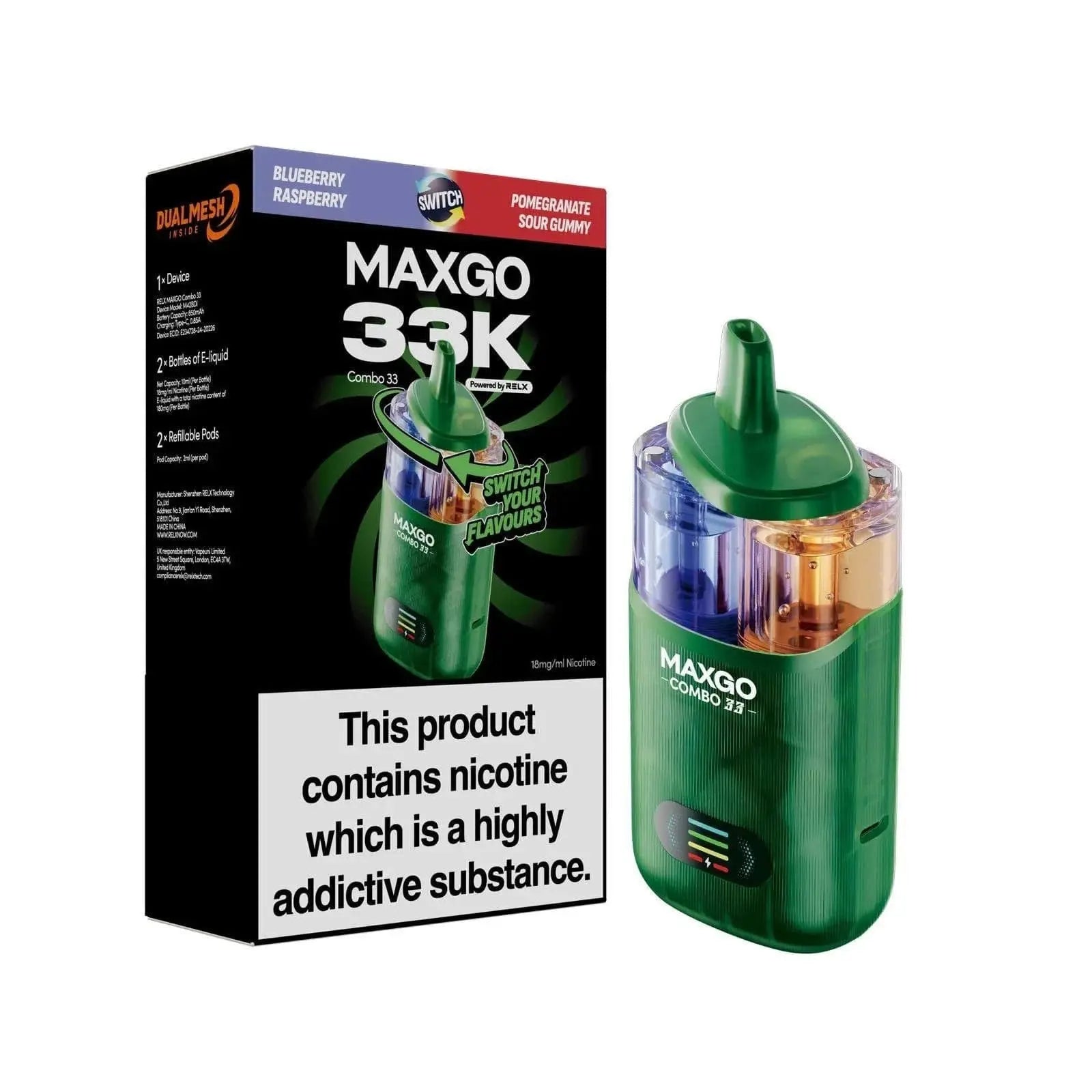 RELX MAXGO COMBO 33K Puffs Prefilled Pod Kit Vape At Door