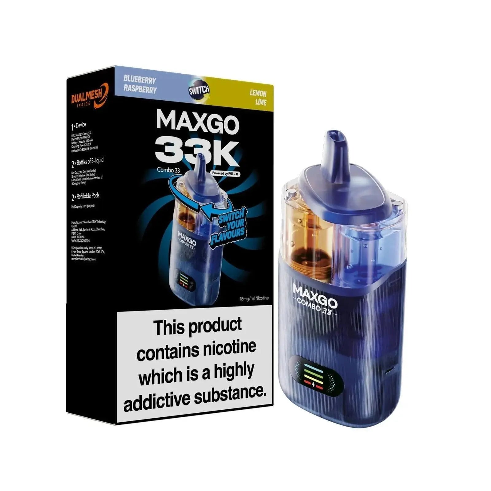 RELX MAXGO COMBO 33K Puffs Prefilled Pod Kit Vape At Door