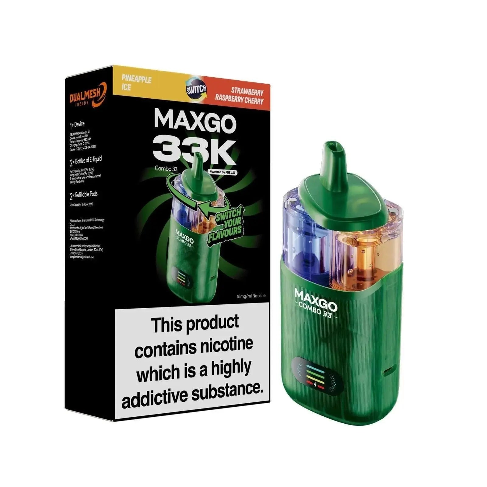 RELX MAXGO COMBO 33K Puffs Prefilled Pod Kit Vape At Door