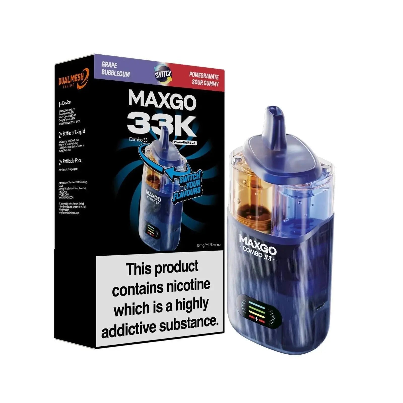 RELX MAXGO COMBO 33K Puffs Prefilled Pod Kit Vape At Door