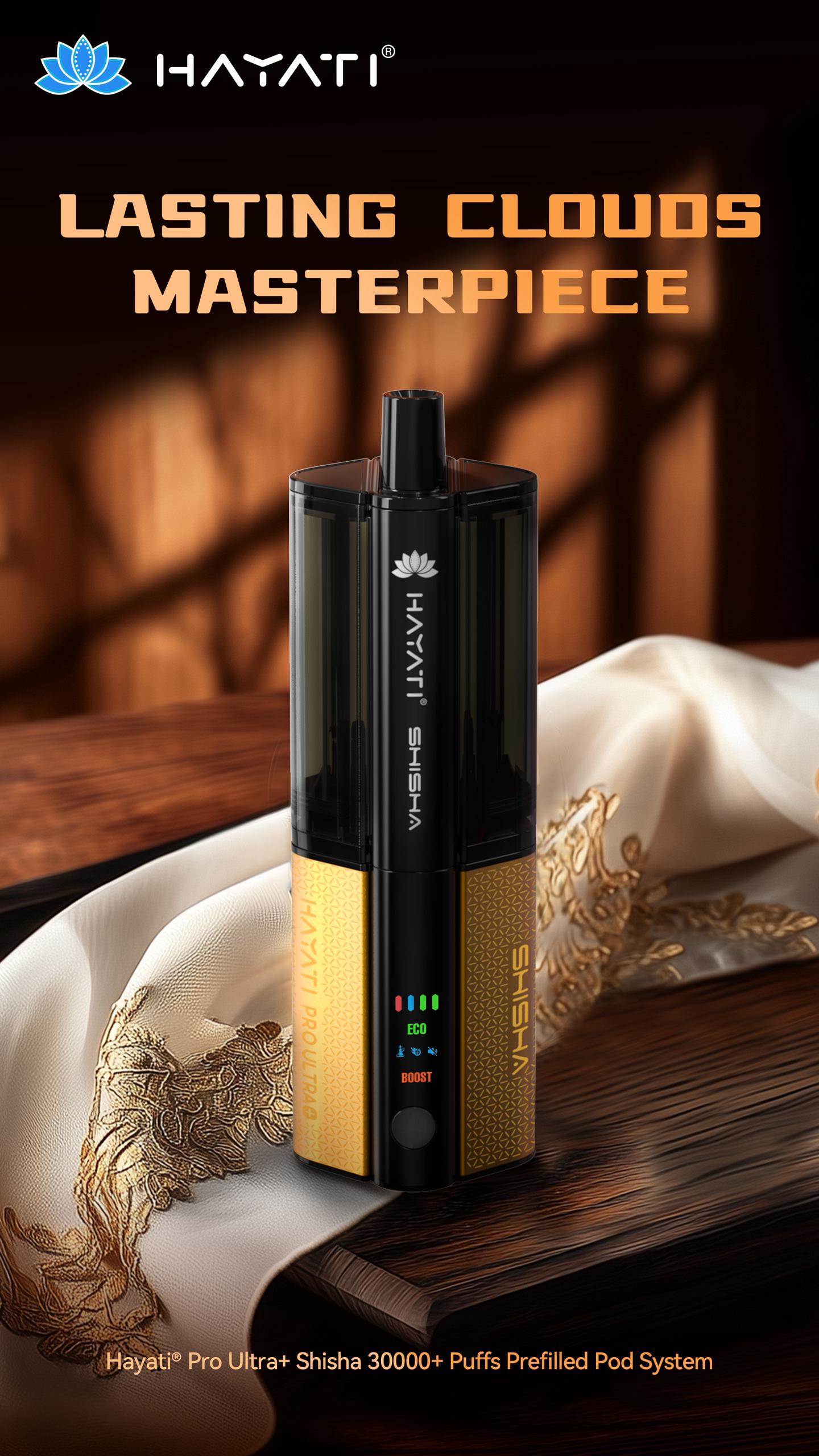 Hayati Pro Ultra Plus Shisha on a wooden surface with decorative fabric