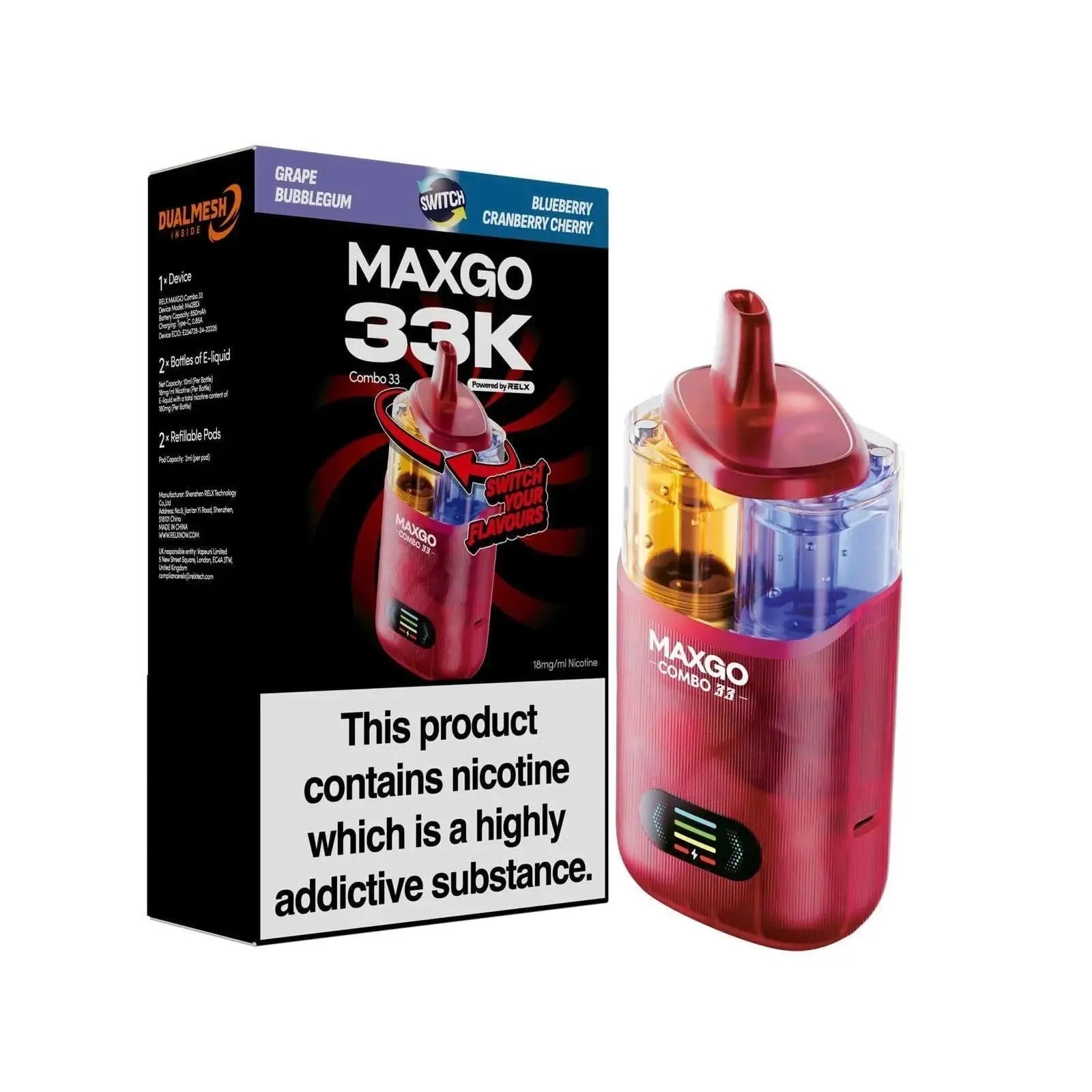 RELX MAXGO COMBO 33K Puffs Prefilled Pod Kit Vape At Door