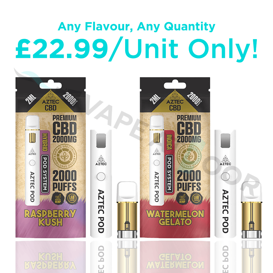 Two Aztec cbd 2000mg pod kits packaging with pricing details on a white background.