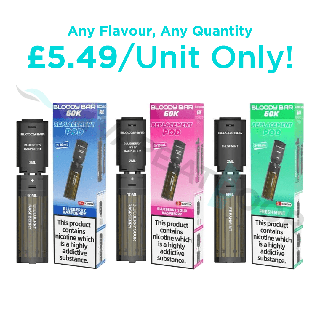 Bloody bar 60k pods with packaging on a white background, featuring text about price and availability.