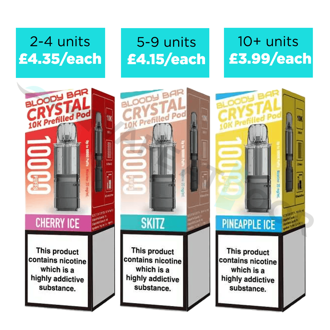 Three boxes of Bloody Bar Crystal vape pods with pricing and flavor information on a white background.