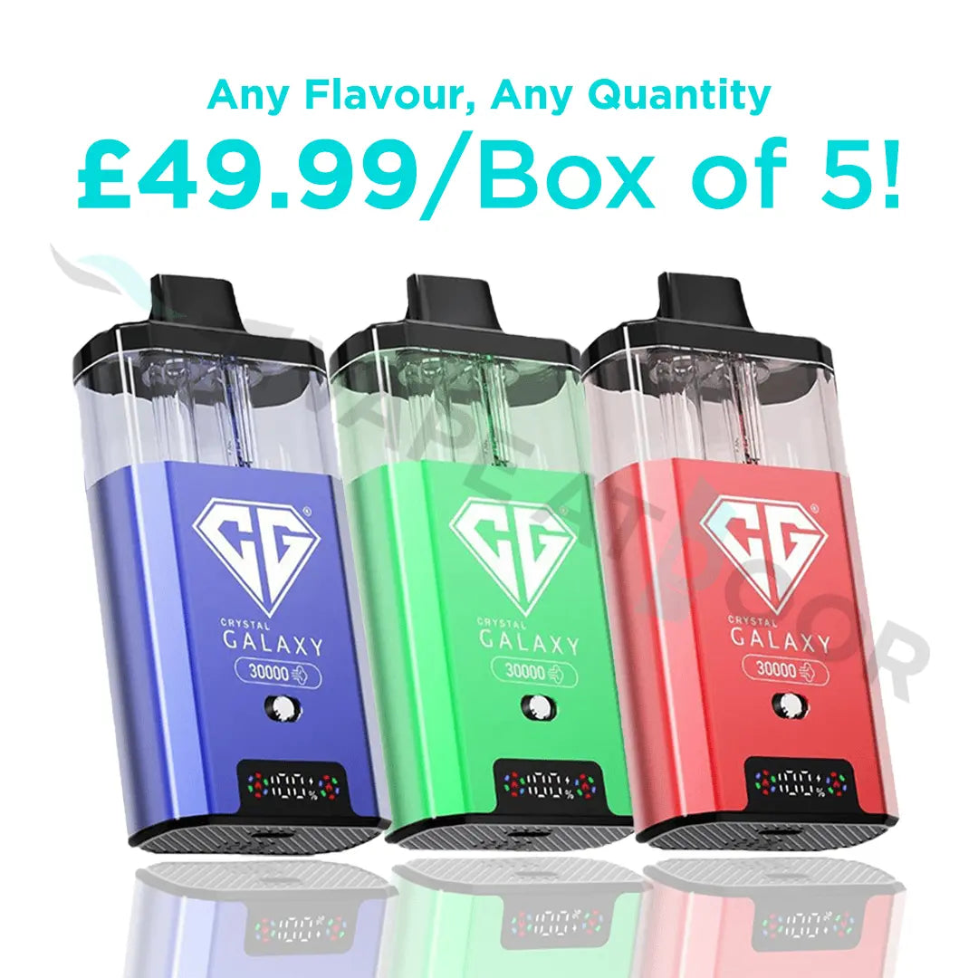 Three Crystal Galaxy Focus 2 30000 vape devices in blue, green, and red with box of 5 promotional text on a white background.